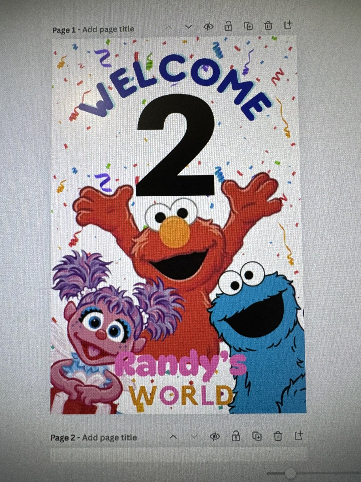 Colorful children's birthday invitation featuring Sesame Street characters Elmo, Abby Cadabby, and Cookie Monster with a large number 2, confetti, and the text "Welcome 2 Randy's World."
