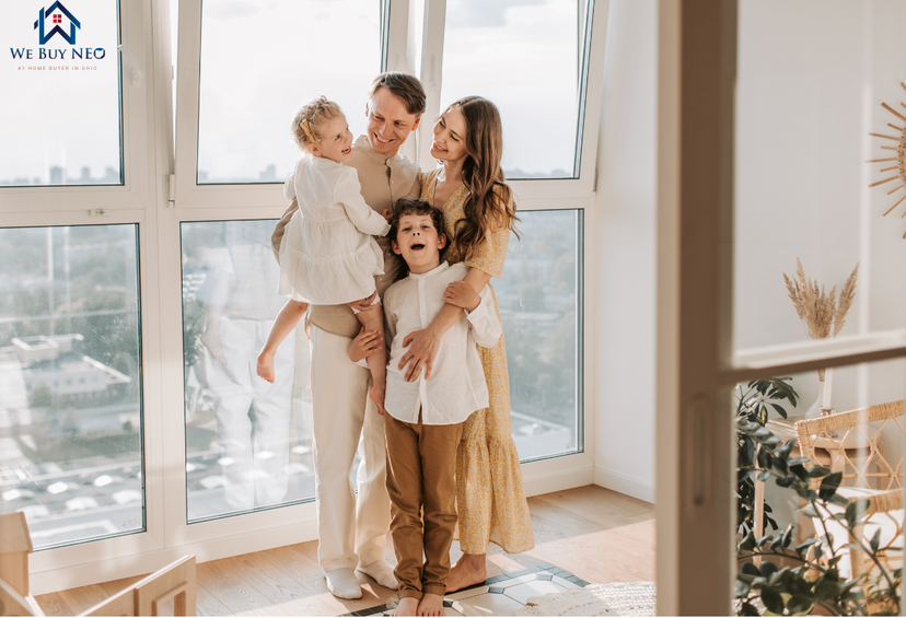 A happy family of four standing in front of large windows in a bright living room, smiling and laughing. The family includes a father, mother, and two children, a girl and a boy.