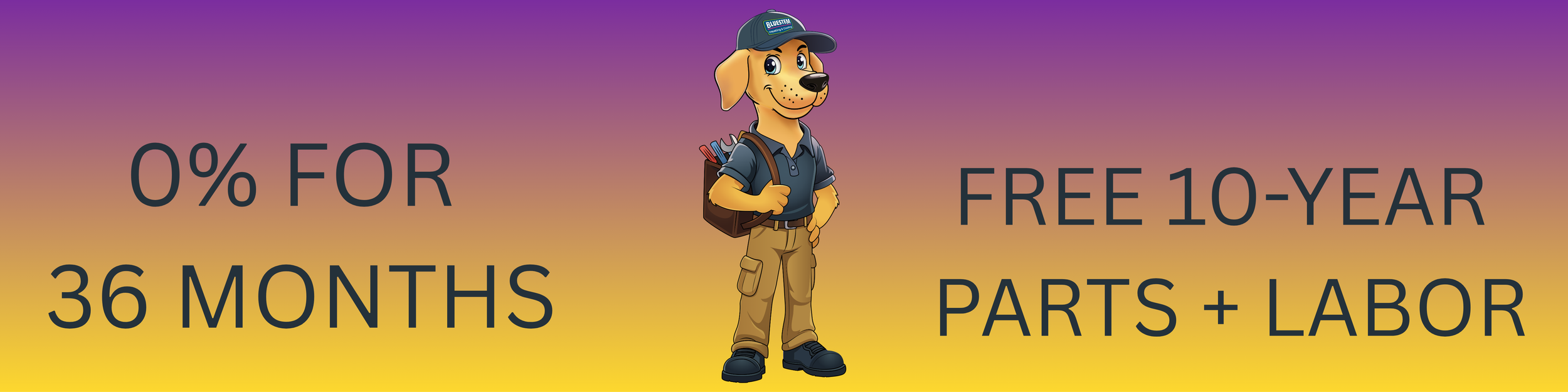 Cartoon dog character dressed as a Bluestem HVAC tech with a tool bag, wearing a cap and uniform, standing against a gradient background. Text reading '0% for 36 months' and 'Free 10-year parts + labor'.