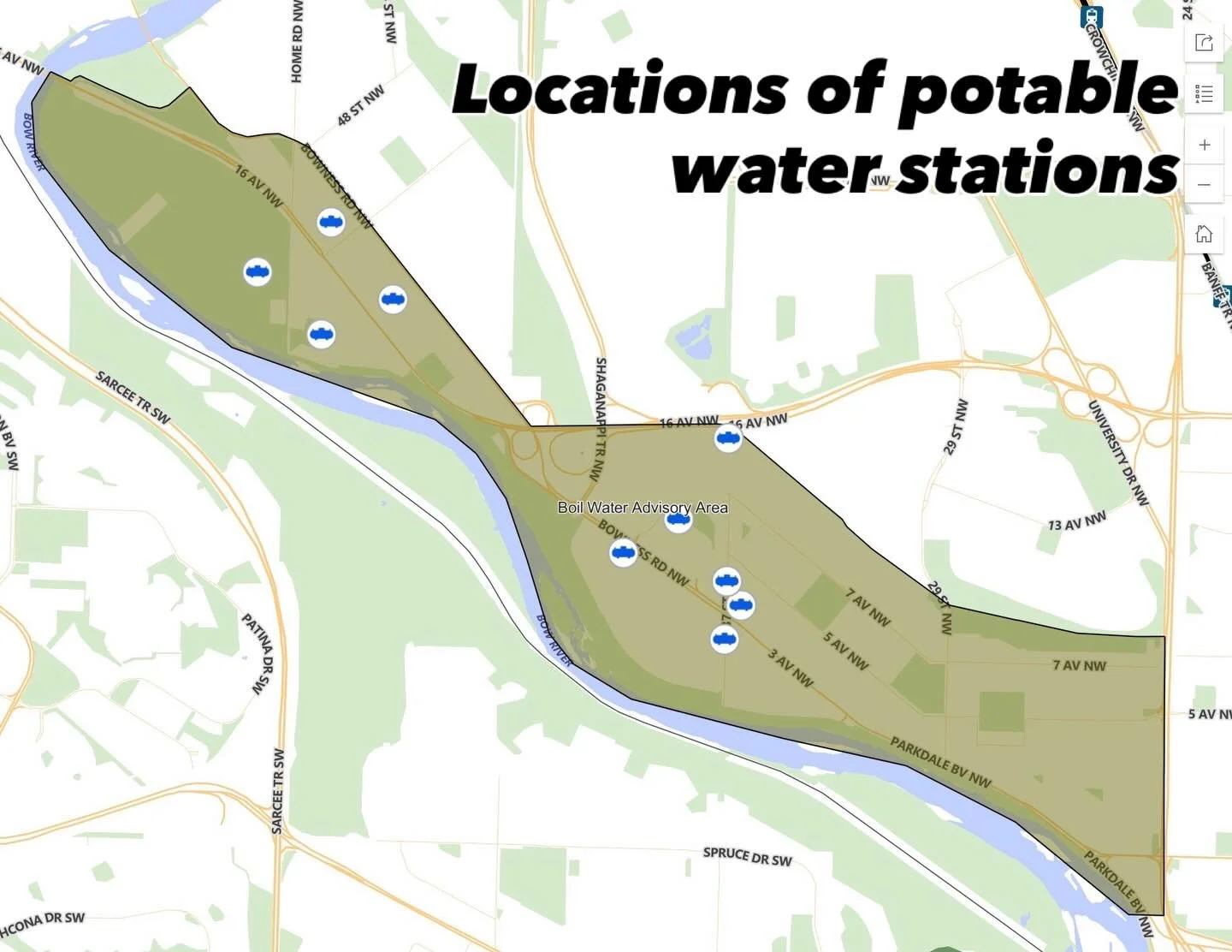 Potable water filling stations have been deployed in locations across the boil water advisory area. Affected residents can use these filling stations to get drinkable water that does not need to be boiled first.

The map on the City&rsquo;s water mai