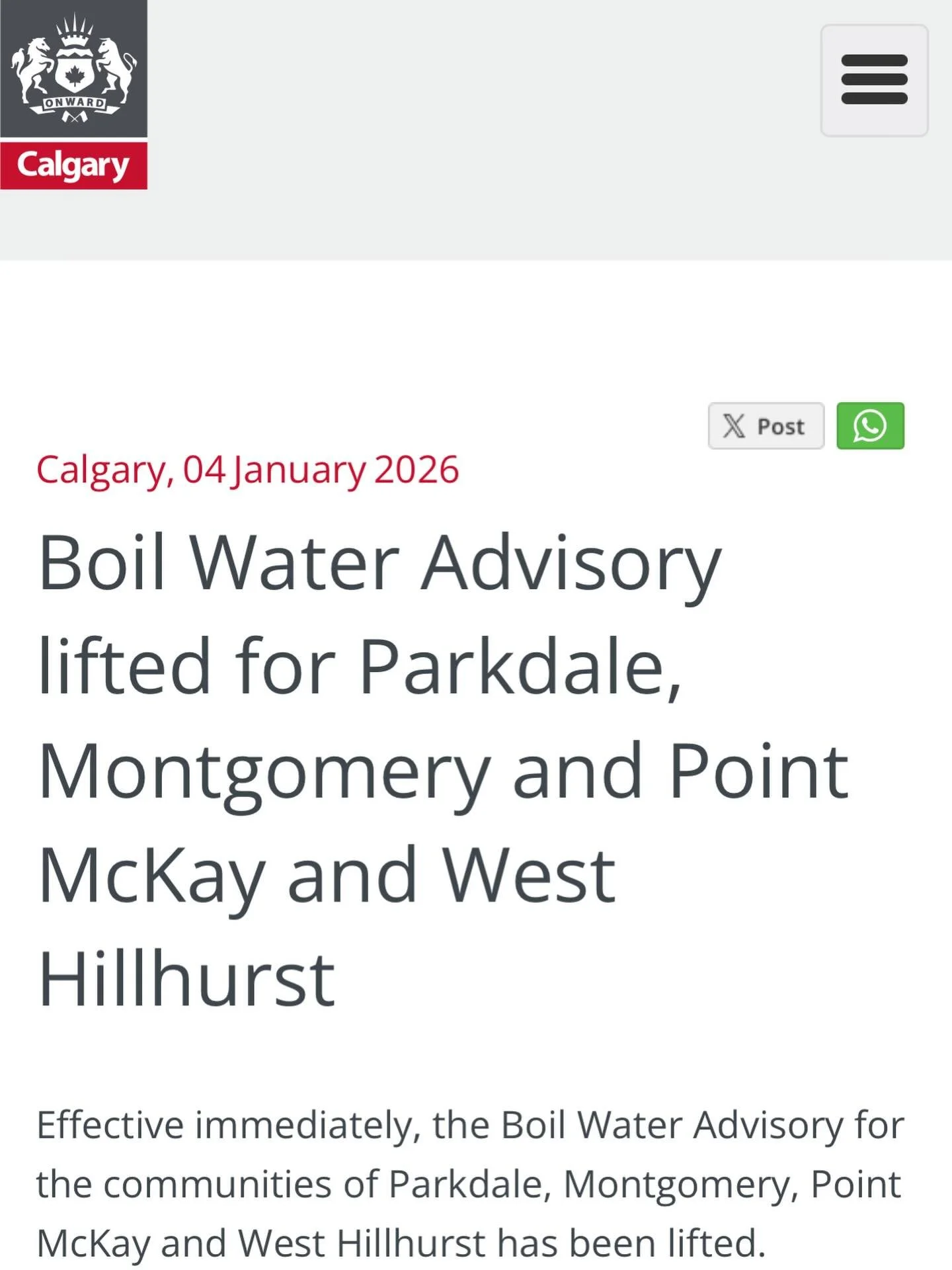 Effective immediately, the Boil Water Advisory for the communities of Parkdale, Montgomery, Point McKay and West Hillhurst has been lifted. 

Thanks to all the residents of those communities who have been dealing with the advisory, and all the city s