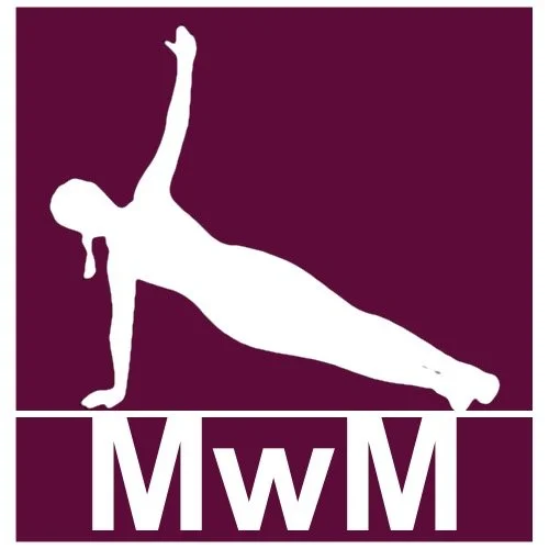 Silhouette of a woman doing side plank yoga pose on purple background with letters 'MWM' at the bottom.