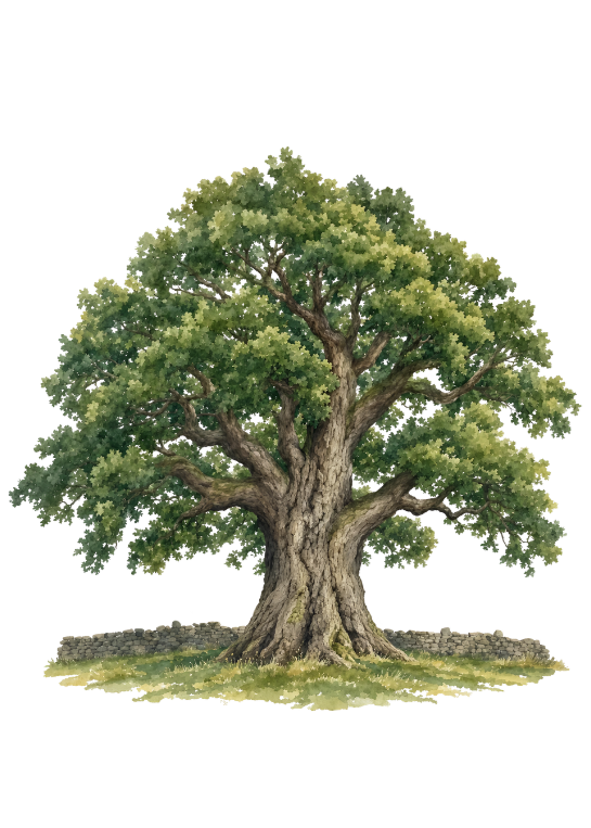 Illustration of a large, leafy tree with a thick trunk and extensive green foliage, standing on grassy ground.