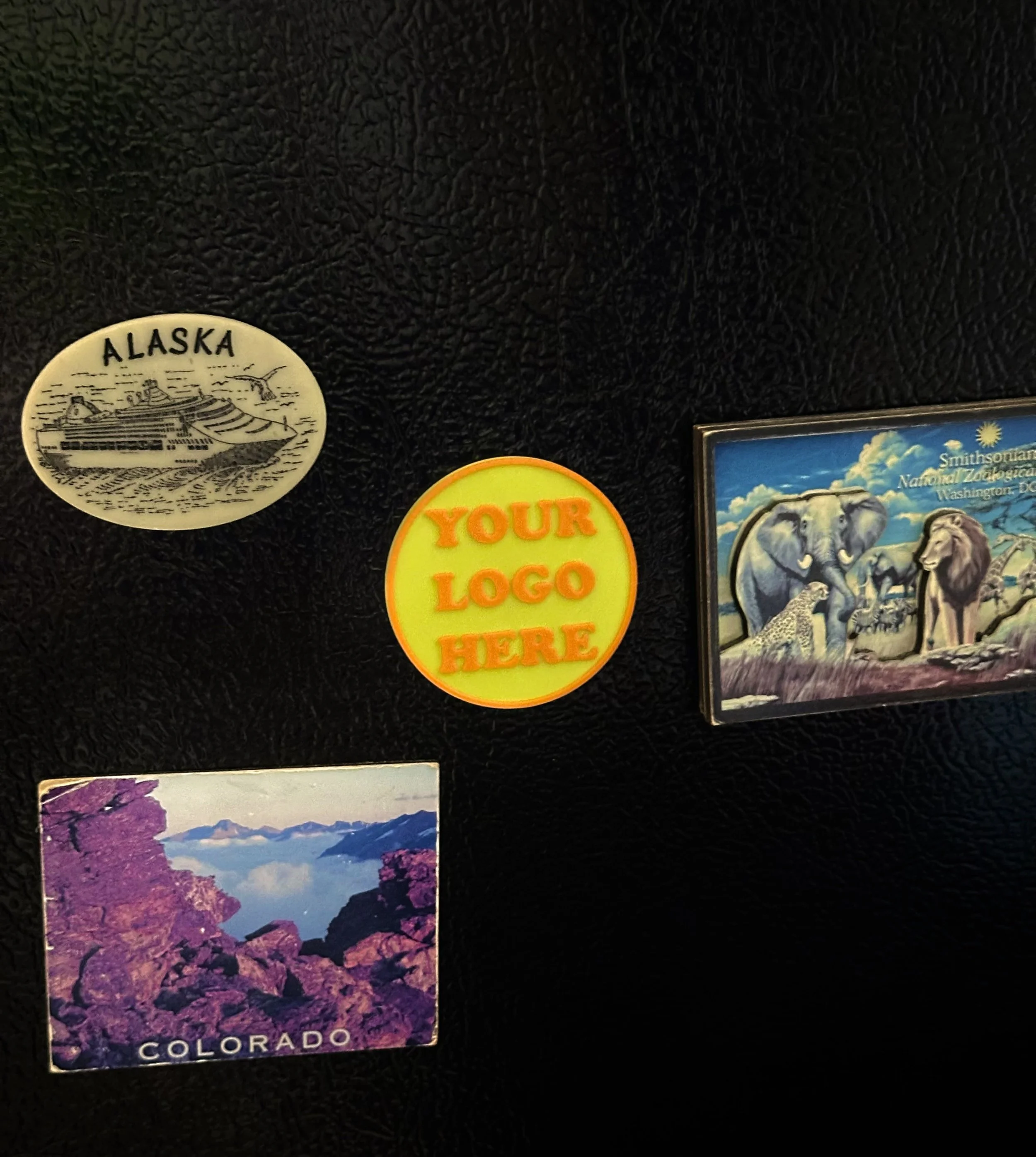 Collection of refrigerator magnets including Alaska cruise, Colorado mountain scene, wildlife with elephants and lions, and a customizable logo magnet.