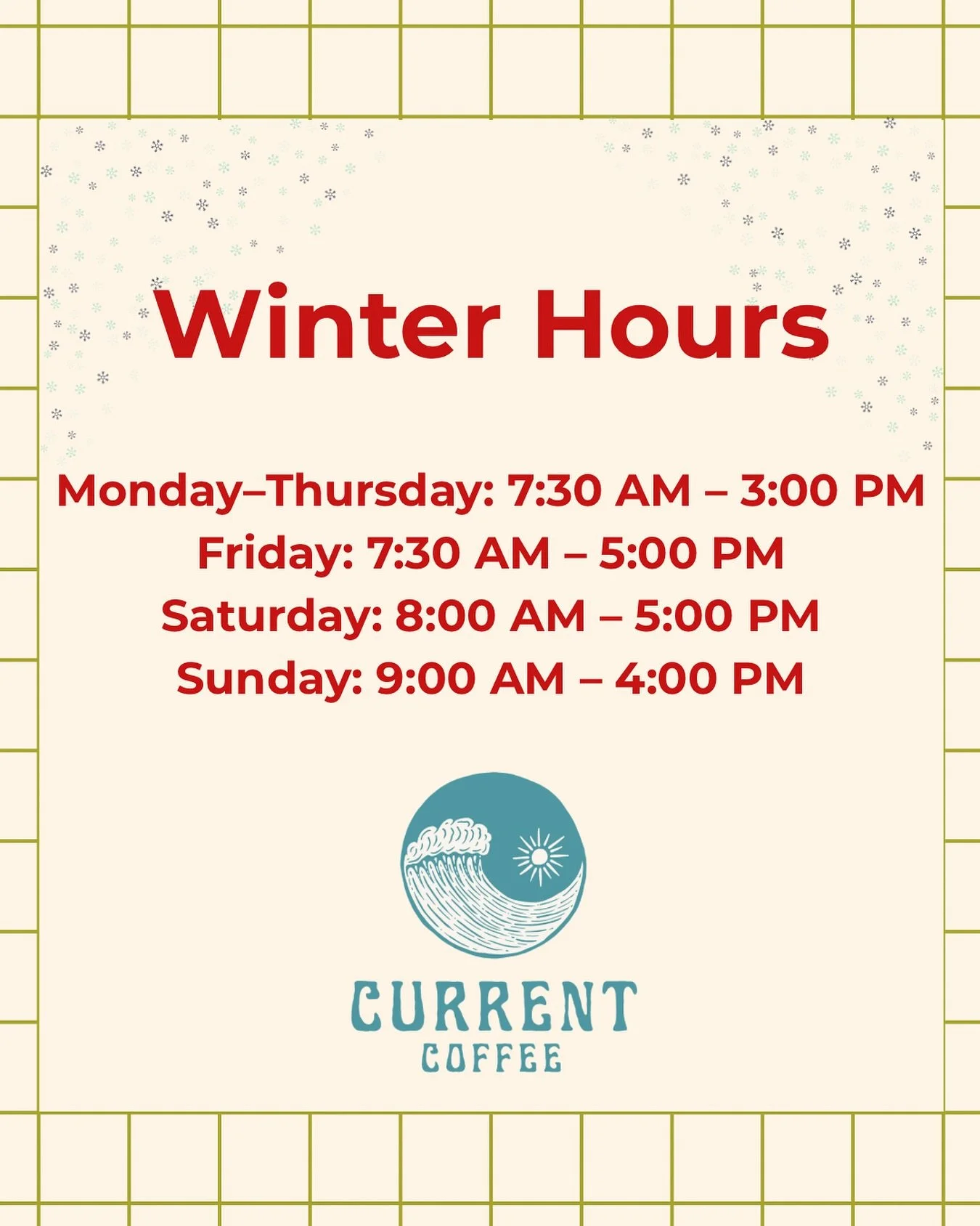 Just a small change to our Friday &amp; Saturday hours for the shorter winter days. Still here with all the cozy drinks! ❄️✨