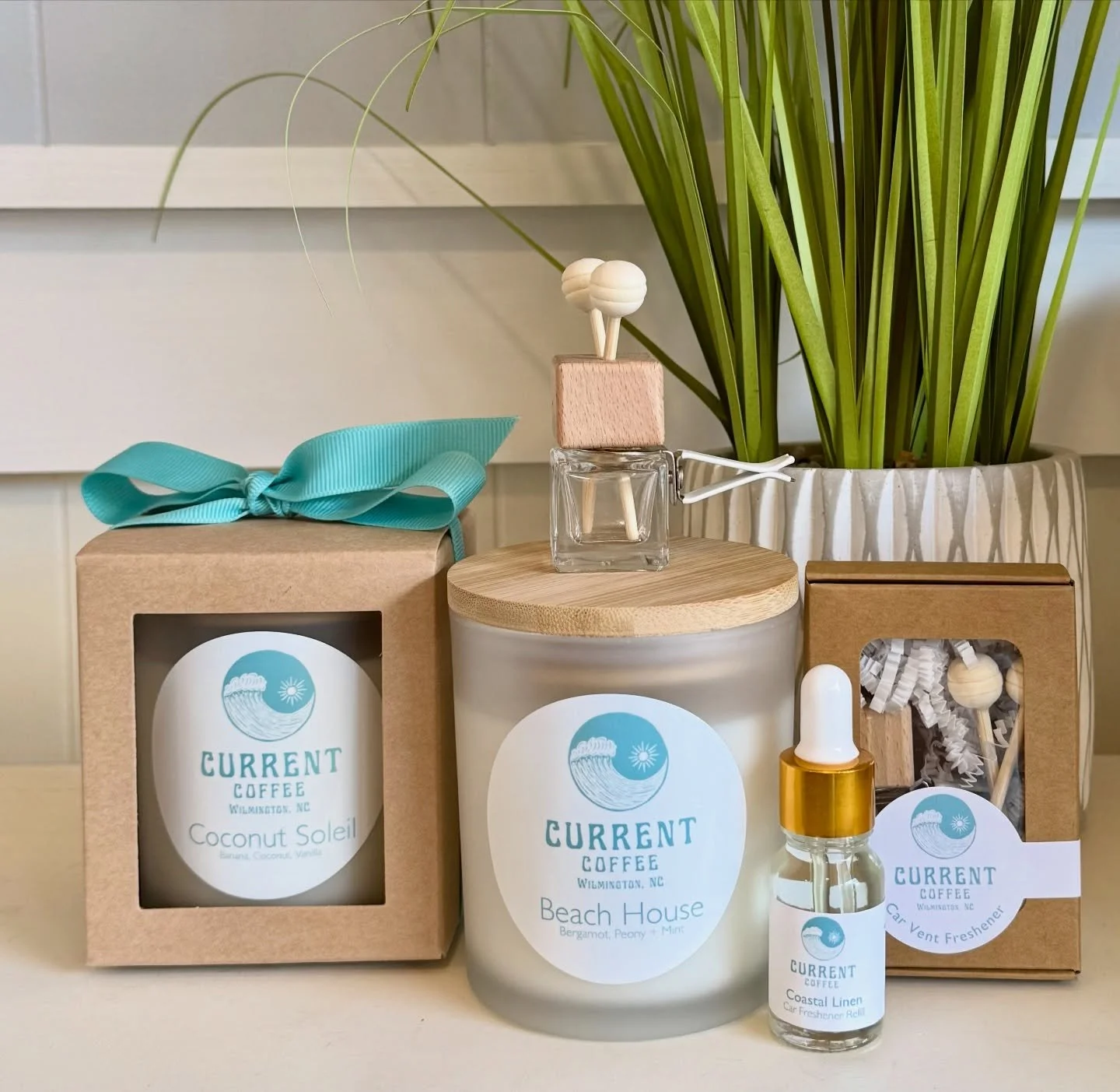 Current Coffee candles + car fresheners are officially here! Your space is about to smell amazing. Huge thanks to @coastalcandlenc for making these for us 🤍✨