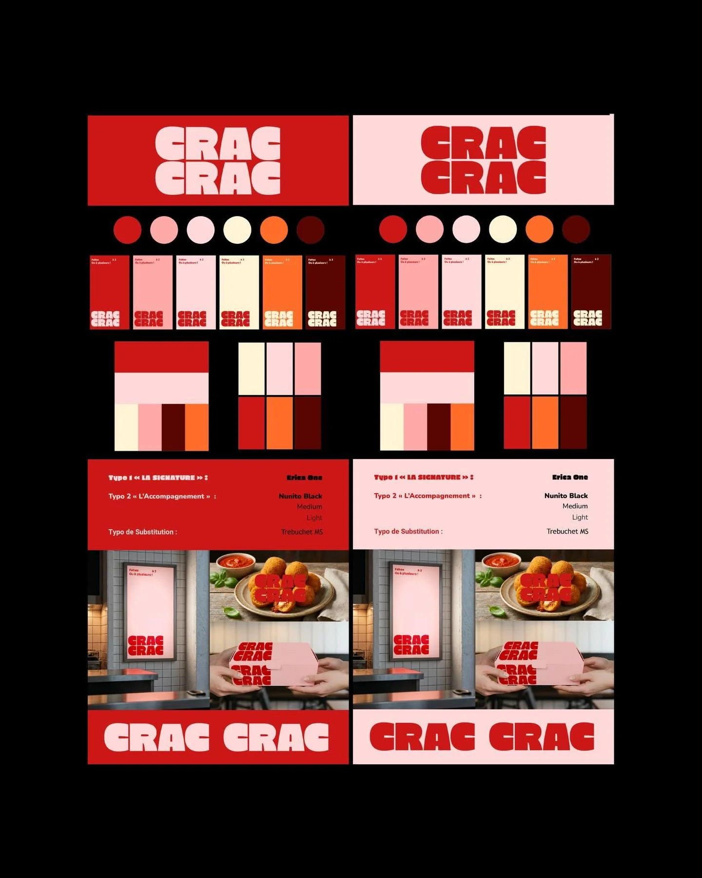 New iD&nbsp;💥

Ravi de vous partager le branding complet r&eacute;alis&eacute; par le studio pour CRAC CRAC, un tout nouveau concept qui revisite l&rsquo;arancini ! 🧆

La recette visuelle by MATSA :

🔴 Un logo &ldquo;Fat&rdquo; &amp; G&eacute;n&ea