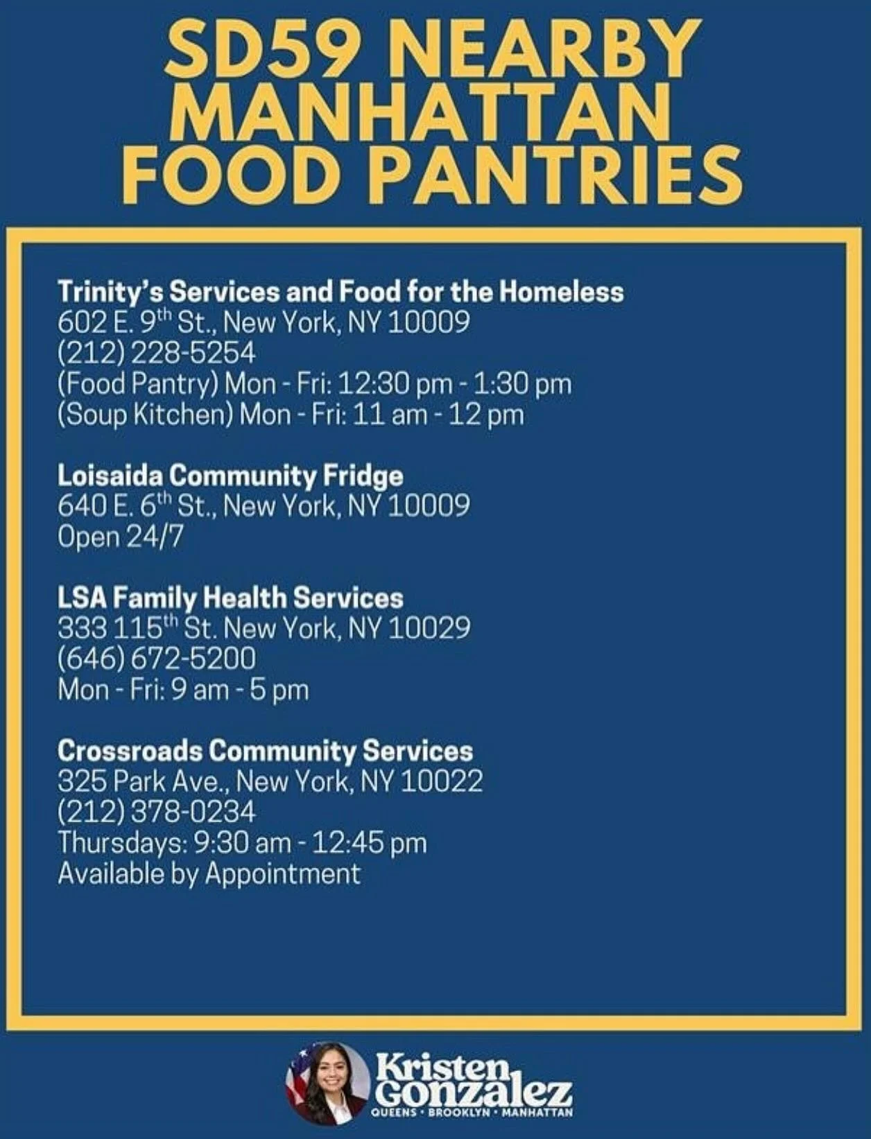 Repost from @sengonzalezny 
If you know someone in need, here is a list of area food pantry’s that can help.