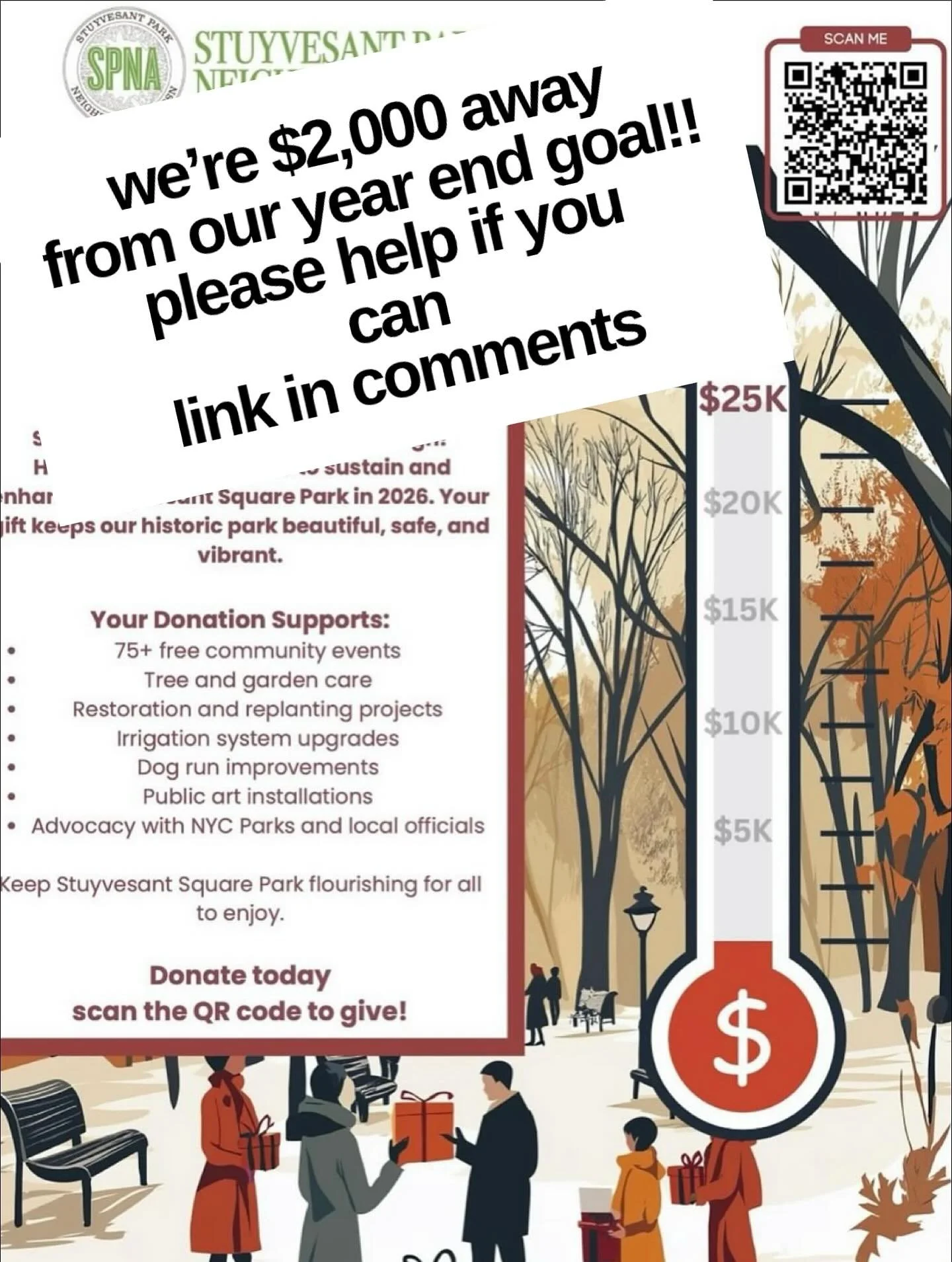 Thanks to matching funds were only $2,000 away from our year end goal! 

So grateful for your support and looking forward to an active 2026 in our favorite park! 
@spna_nyc 
#stuyvesantsquarepark