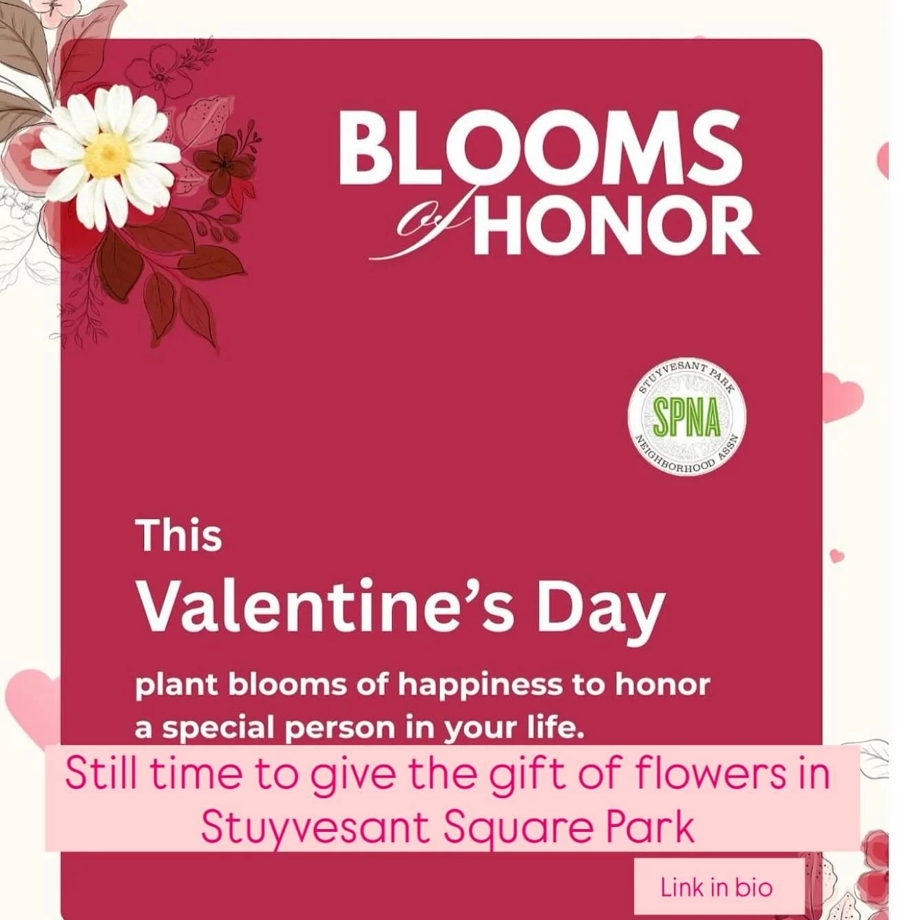 Link in bio-Blooms of Honor 

This Valentine&rsquo;s Day, celebrate someone special with a lasting gift of beauty. With a $50 donation, SPNA will plant flowers in Stuyvesant Square Park in honor of a loved one. You&rsquo;ll receive a custom e-card to