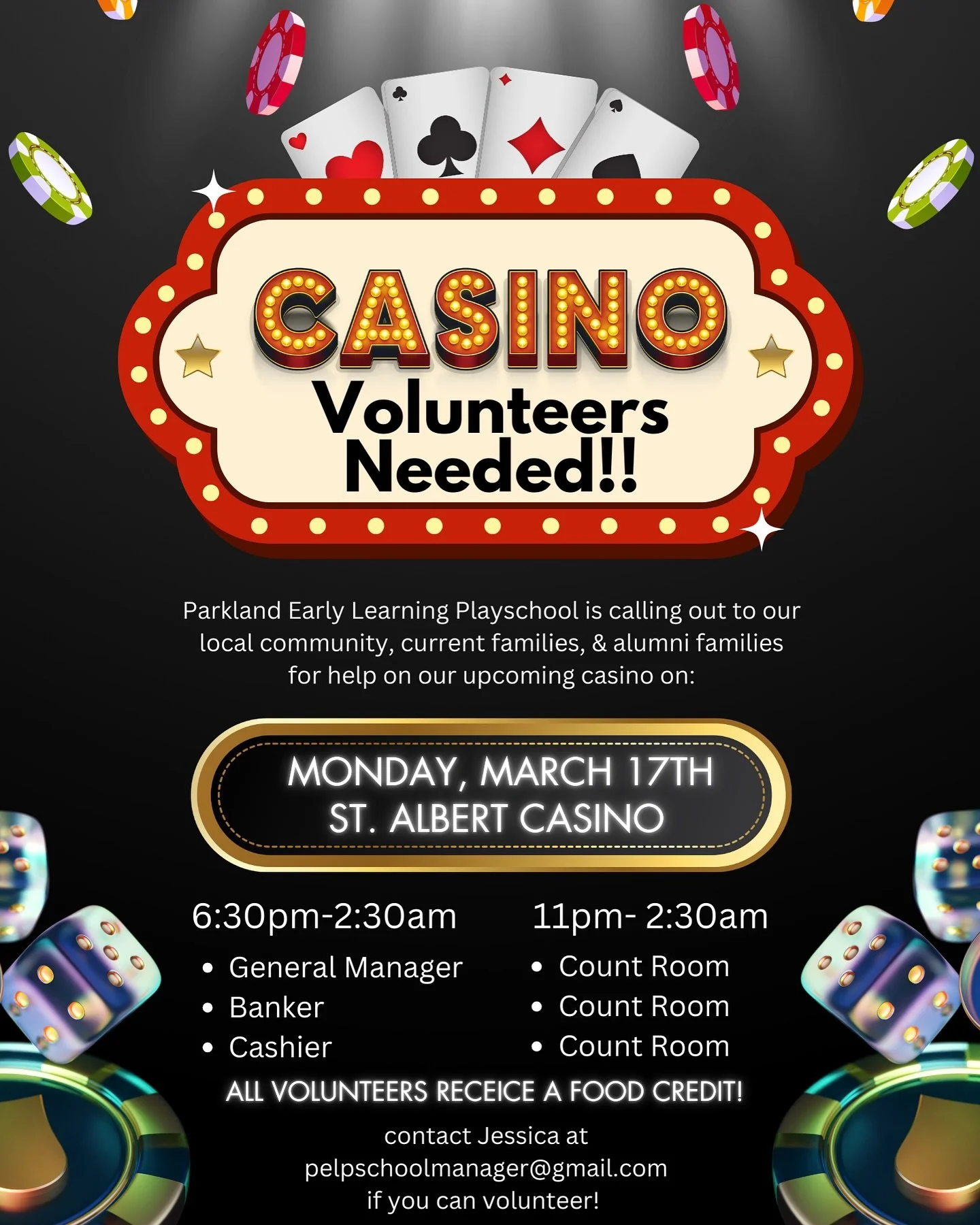 Volunteer Call for Casino Fundraiser for Parkland Early Learning Playschool Society! 🎲✨

We are reaching out for your help to ensure the success of our upcoming Casino fundraiser, which is vital for supporting our Playschool. This event provides cru