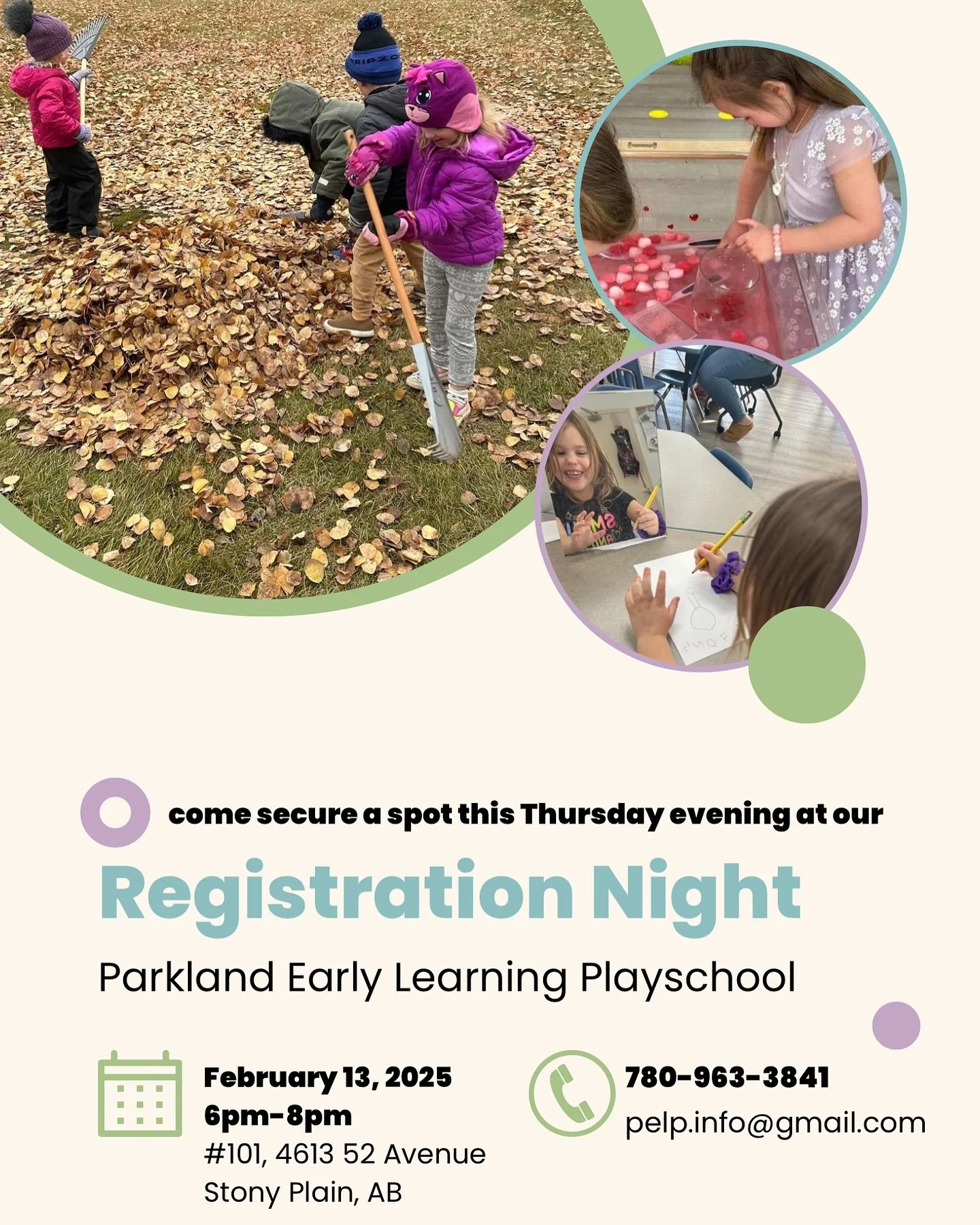 🎉 Parkland Early Learning Playschool Society - Registration Night! 🎉

Are you ready to join a community-driven, child-centered playschool? We&rsquo;re a non-profit, parent-run cooperative offering Reggio Emilia-inspired learning for children aged 3