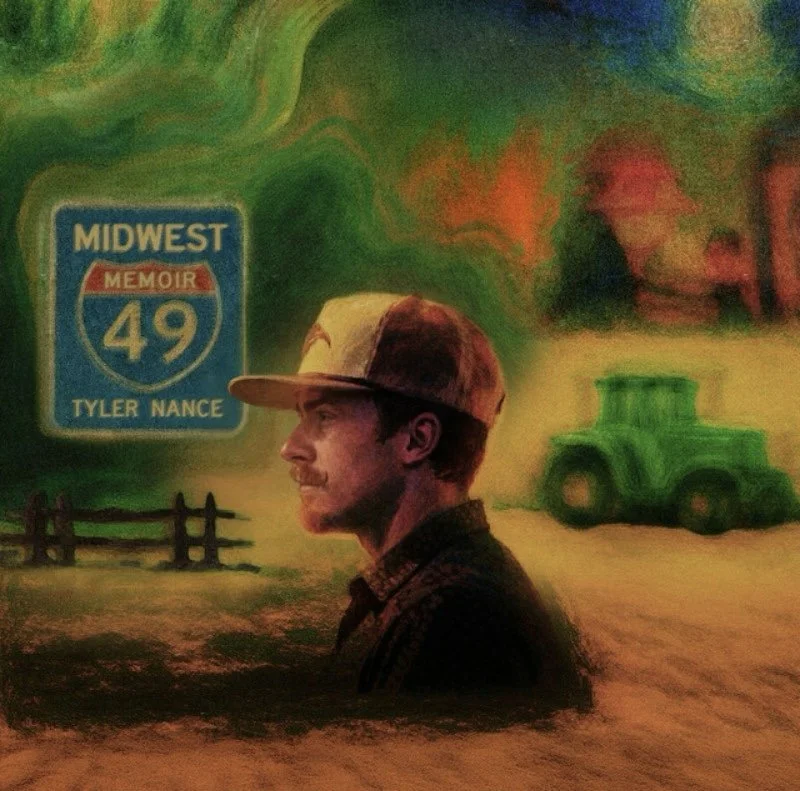A mural depicting a young man in profile wearing a baseball cap, with a rural scene in the background including a green tractor, a fence, and a road sign reading "Midwest Memoir 49 Tyler Nance" with a colorful, stylized sky.