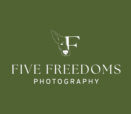 Green background with a logo featuring a dog's head and the letter 'F', and the text 'FIVE FREEDOMS PHOTOGRAPHY'.