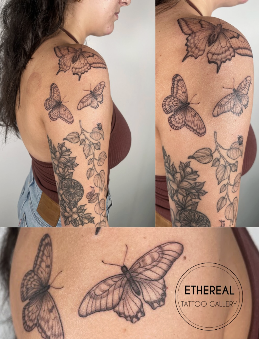 Butterfly + Fine Line Flower Tattoos by Yasmin