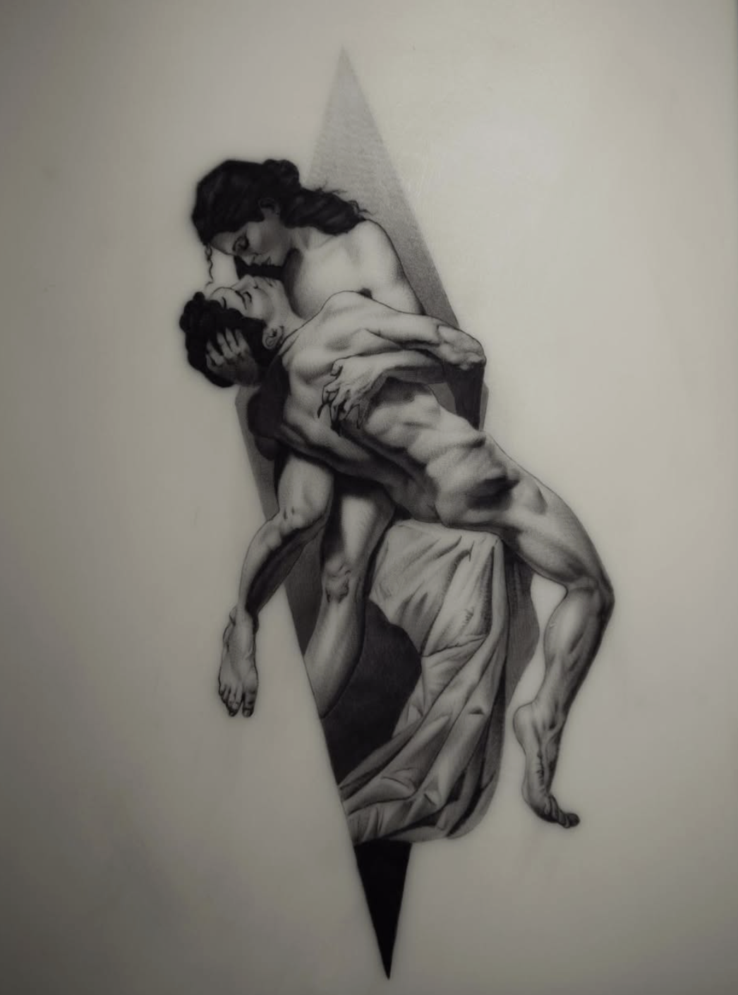 Black and white artistic depiction of two intertwined people, one holding the other, with a triangular shadow background.