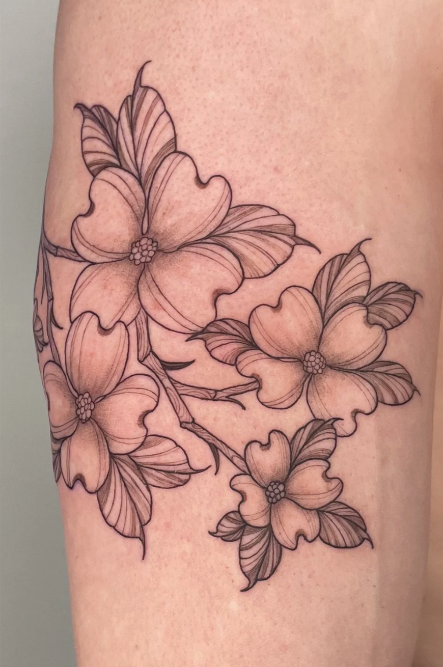 Black and gray outline tattoo of a branch with five large cherry blossoms on skin.