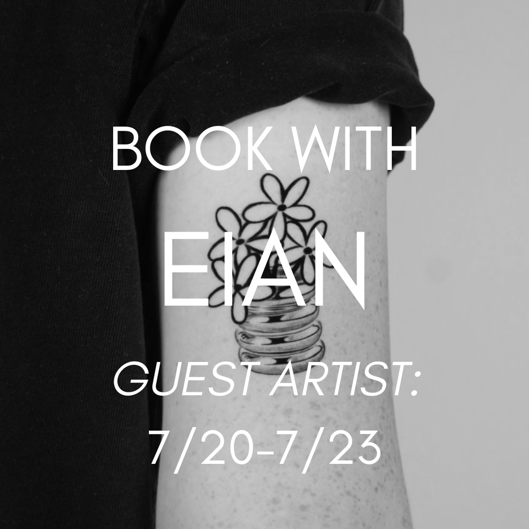 Black and white photograph of a tattoo of flowers in a jar on a person's arm, with text overlay promoting an art event from July 20 to July 23.