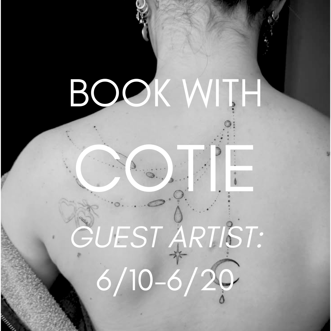 Black and white photo of a woman's back and shoulders, showing tattoos of constellations, moons, and stars, with overlaid text promoting a booking with Cote for an event from June 10 to June 20.