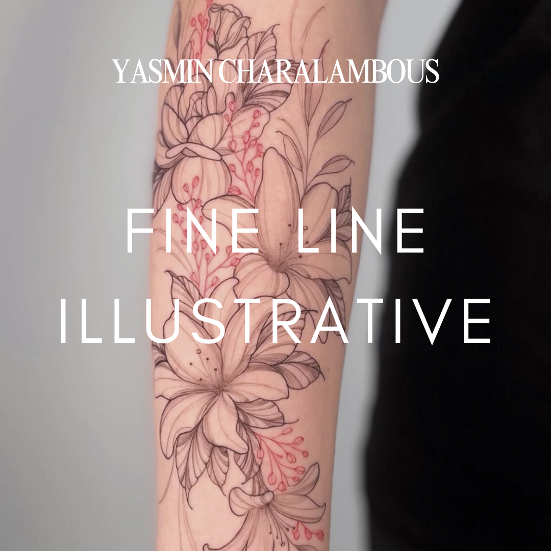 Line art tattoo of lilies and leaves on a person's arm.