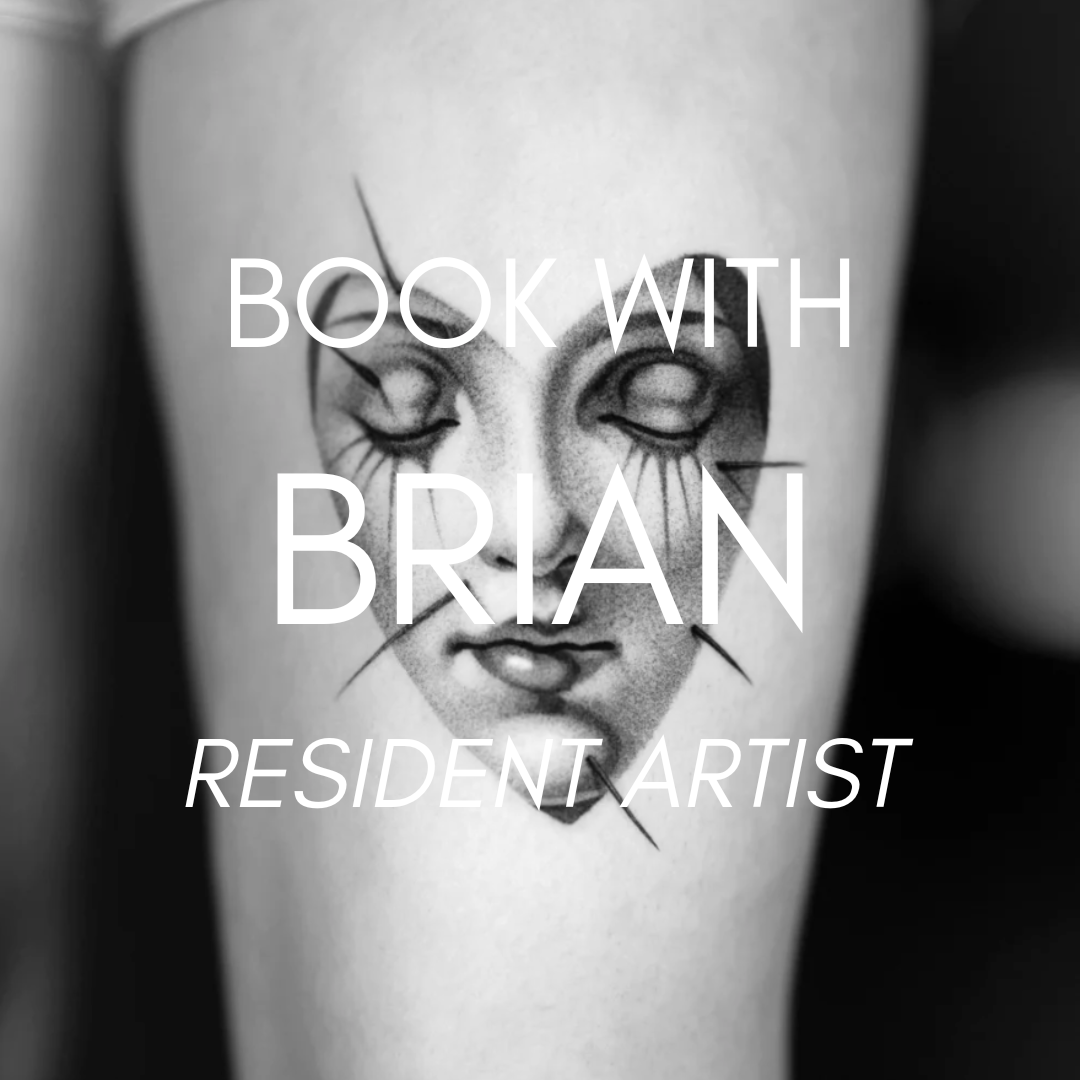 Black and white tattoo of a girl's face with closed eyes and makeup, with the overlay text 'Book with Brian, Resident Artist'