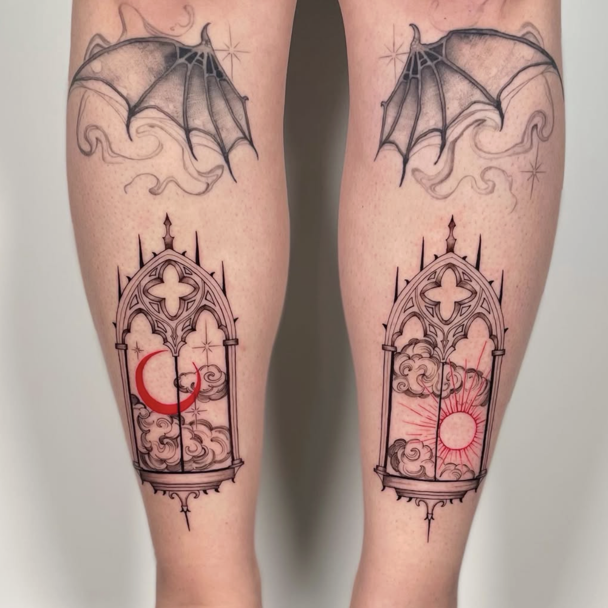 Tattoo of a stained glass window with cosmic and celestial elements, depicting a crescent moon and a sun, with clouds and rays.
