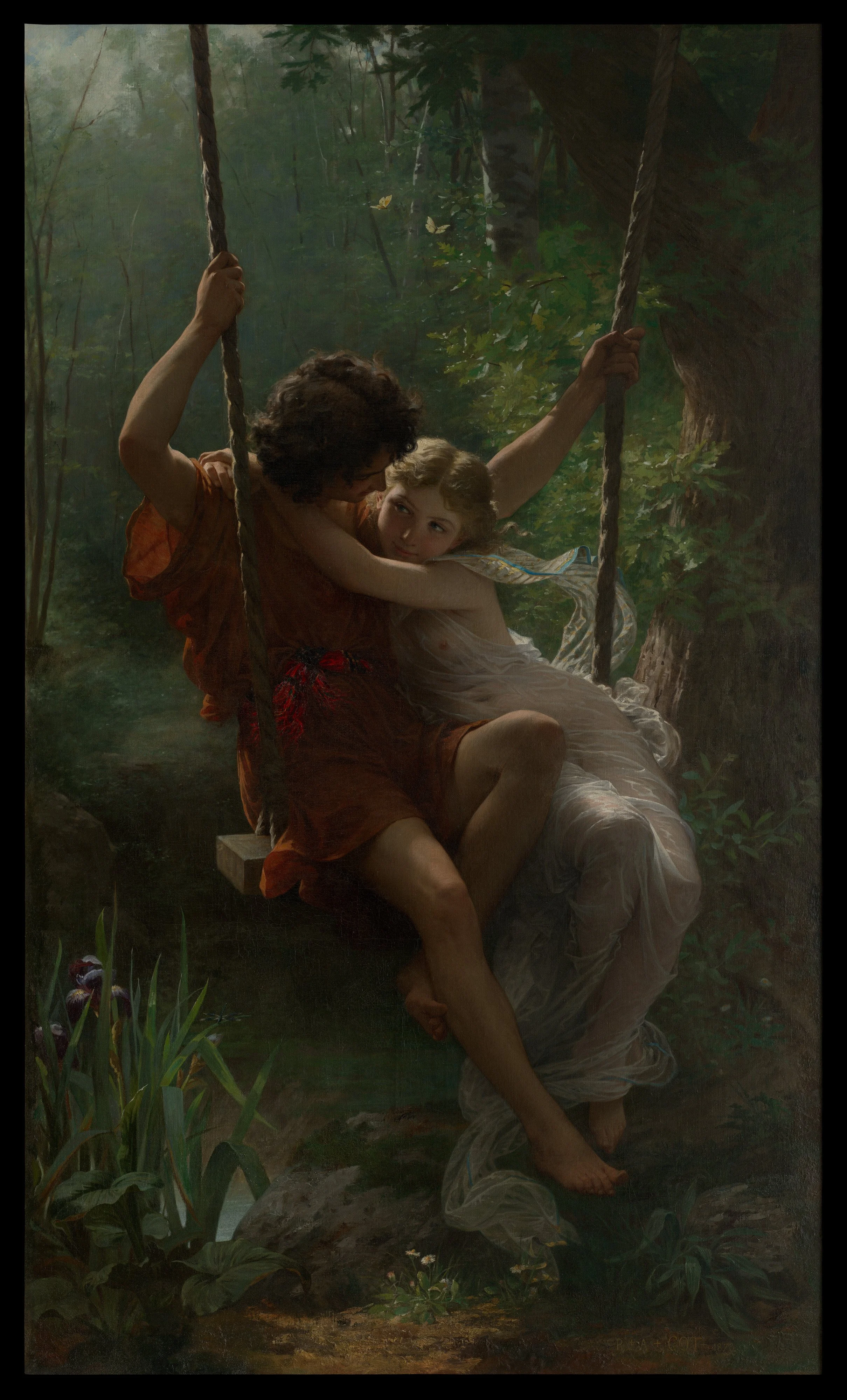 Romantic classical painting Springtime by Pierre-Auguste Cot, depicting a young couple embracing on a swing in a lush forest setting.