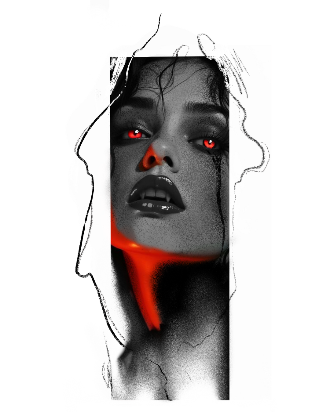 Vampire girl portrait tattoo design of a woman with glowing red eyes and neck, contrasted by black and grey shading.