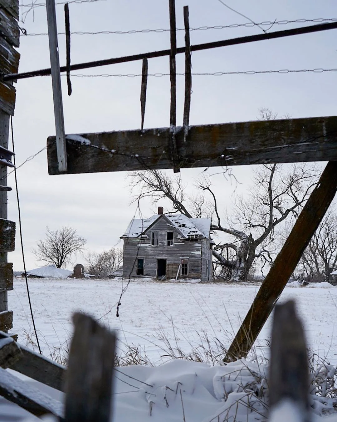 An abandoned South Dakota homestead in a snowy field with a damaged roof and broken windows, framed by a dilapidated wooden structure in the foreground.