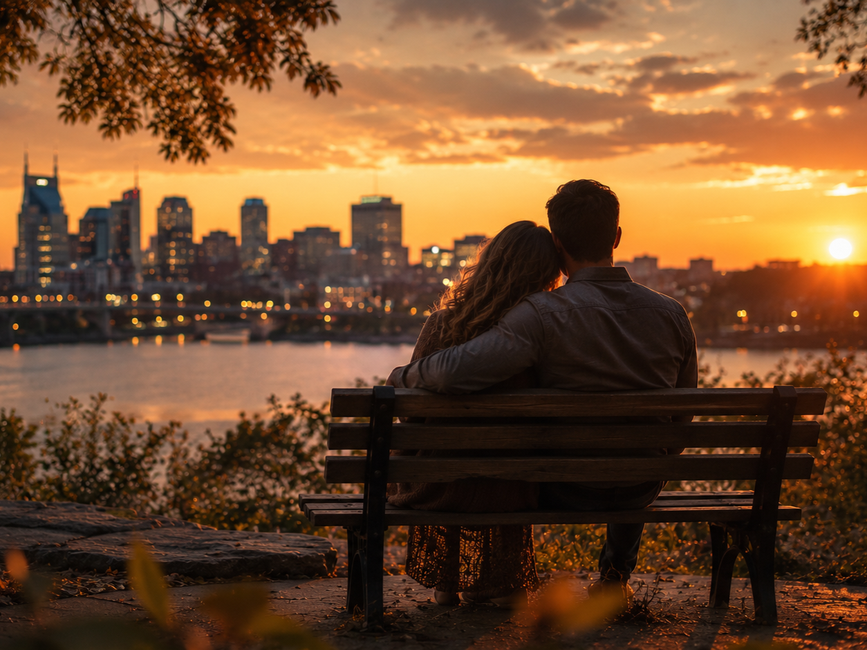 Couple sitting together on a bench overlooking downtown Nashville at sunset, symbolizing reconnection, healing, and relationship restoration, and infidelity counseling support.