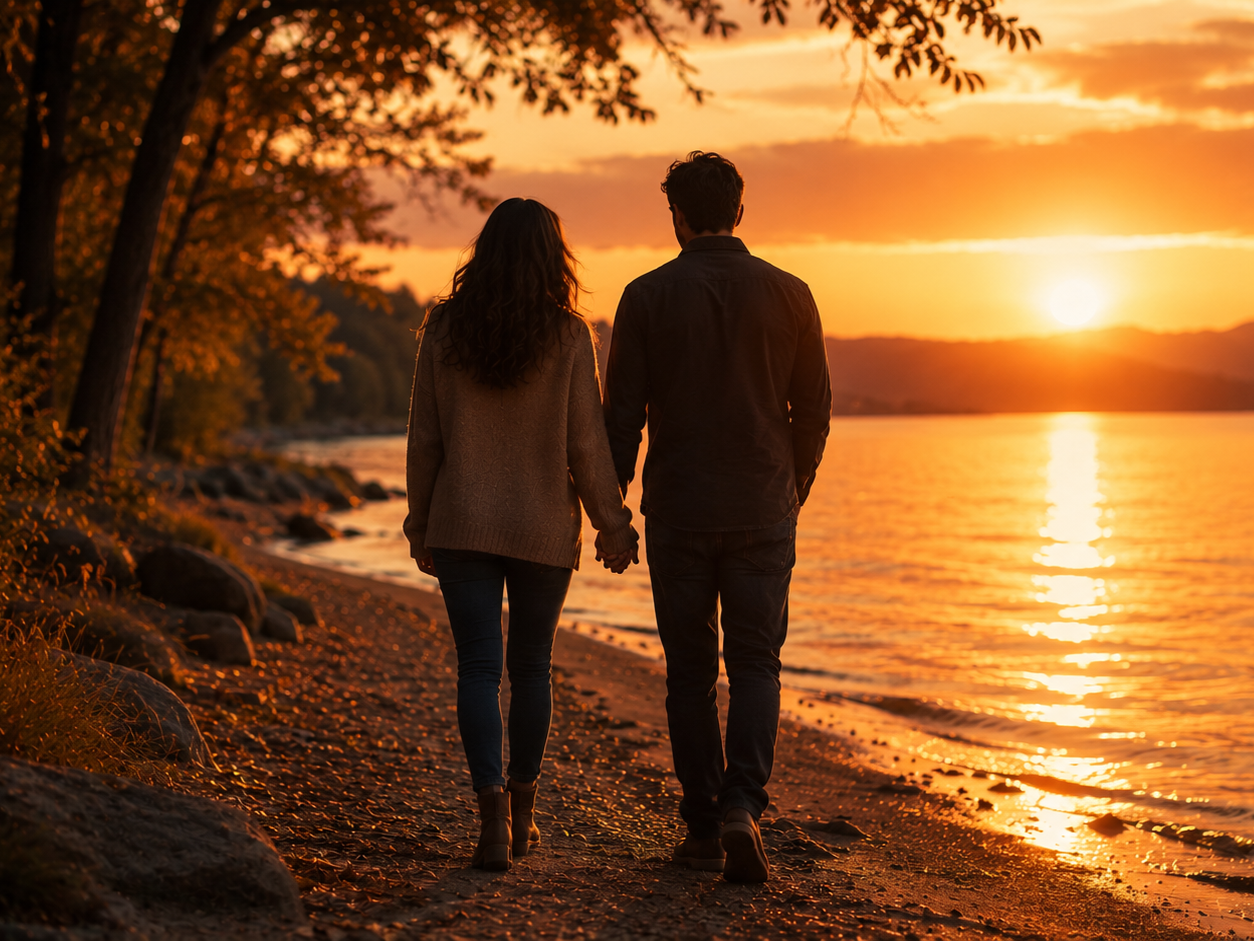 Couple walking hand in hand along a lake shore, representing marriage and relationship coaching and infidelity counseling support for restoring trust, connection, and emotional closeness.