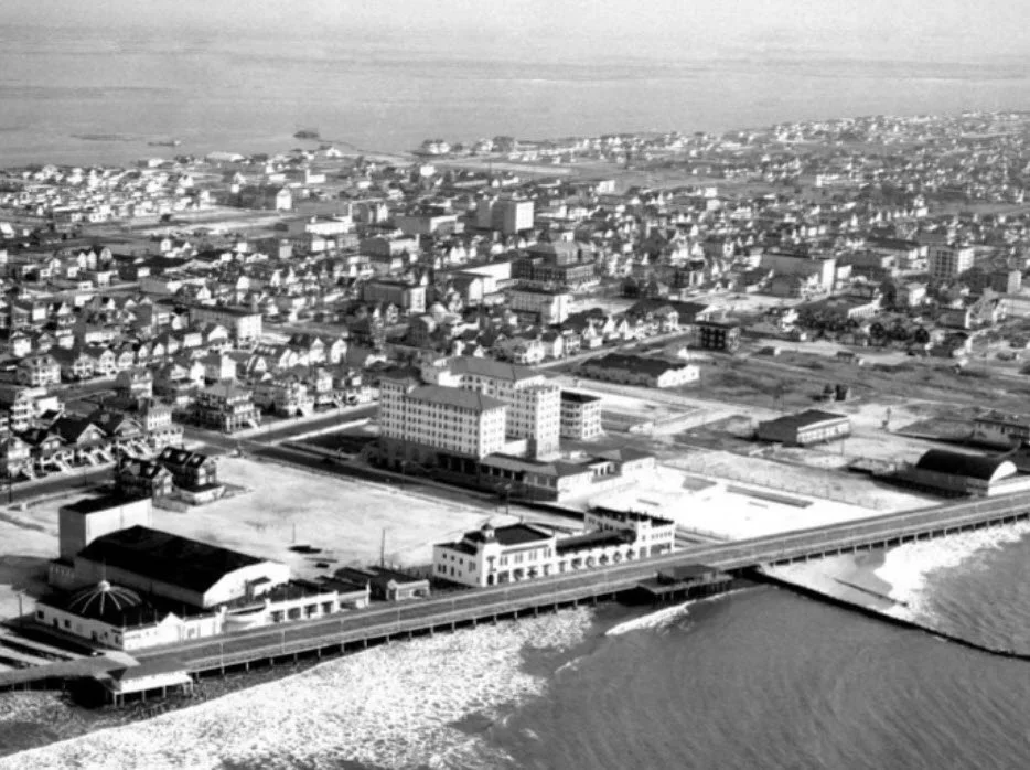 Aerial image after the 1927 Boardwalk Fire. The boardwalk was moved closer to the ocean making room for the construction of the large saltwater swimming pools.
