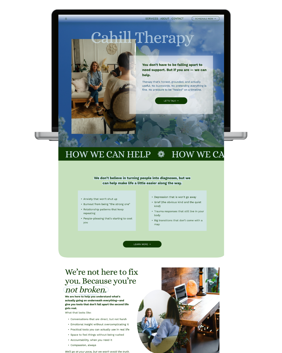 Screenshot of a psychotherapy website on a laptop screen featuring a photo of a therapy session, with a green and blue color scheme, and sections about how therapy helps and services offered.