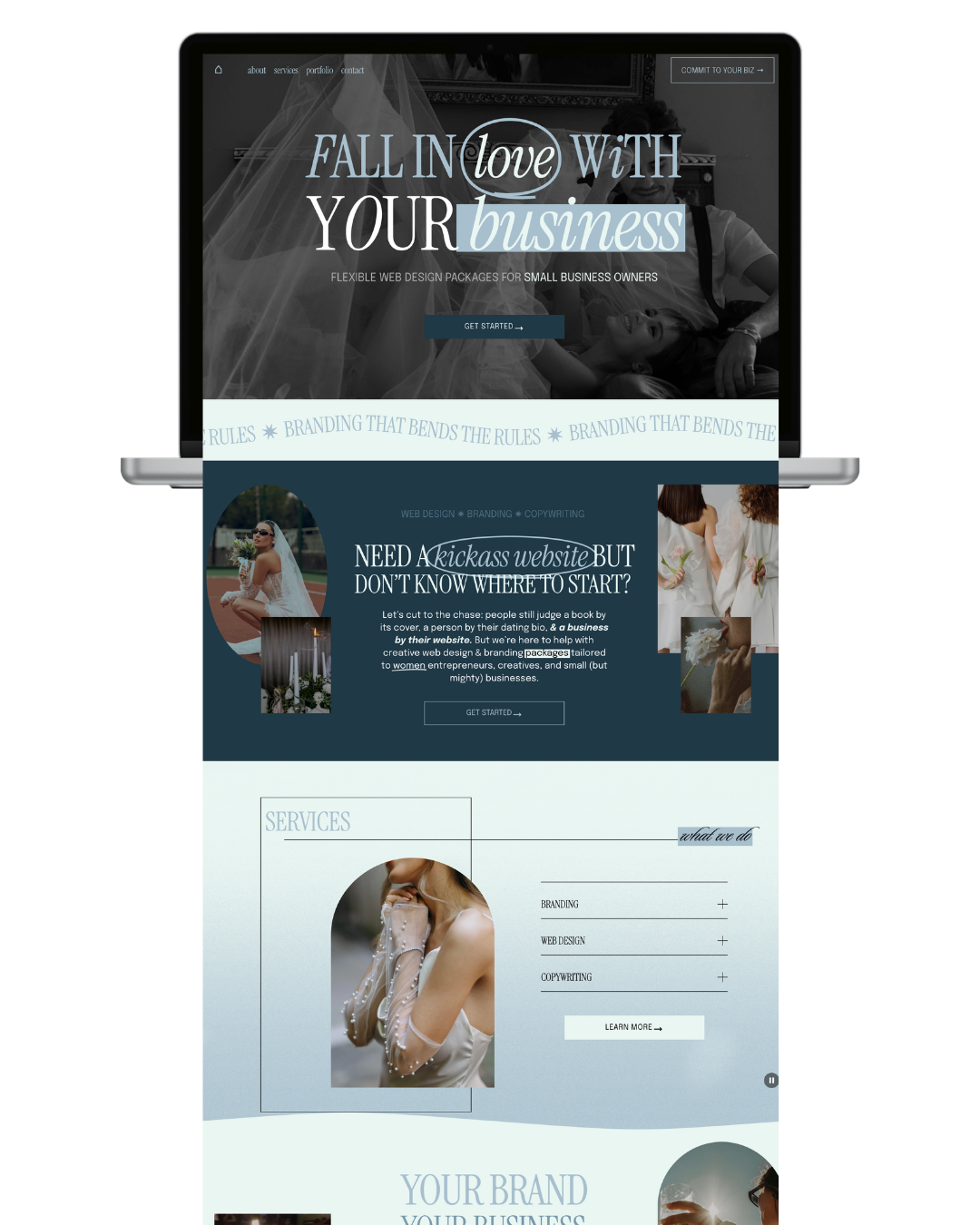 A desktop computer displaying a website for a web design and branding agency targeted at small business owners. The site features a large banner with text 'Fall in love with your business,' suggesting services related to website creation, branding, and copywriting, with images of people and nature.