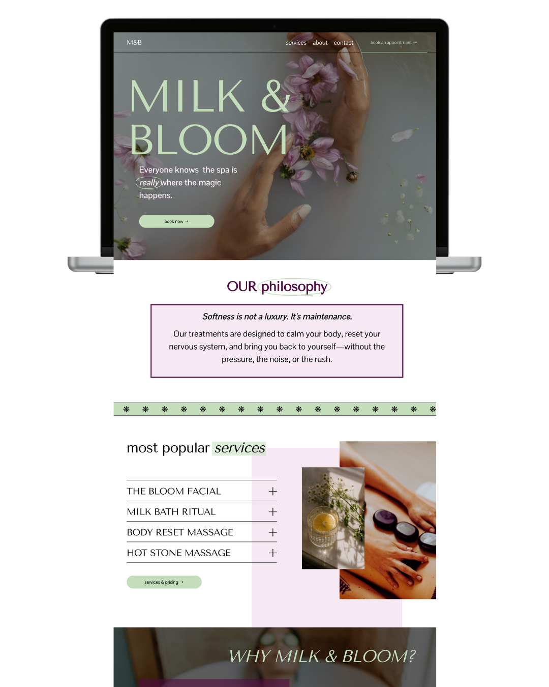 A website for a spa called Milk & Bloom features a hero image of hands in a milk Bath surrounded by pink flowers. The webpage includes sections for services and philosophy.