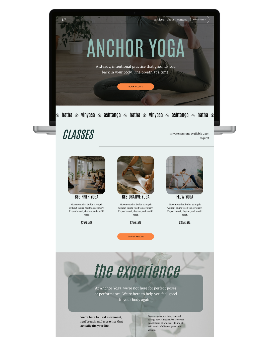 Screenshot of a yoga studio website featuring classes like beginner, restorative, and flow yoga, with a header promoting anchor yoga.