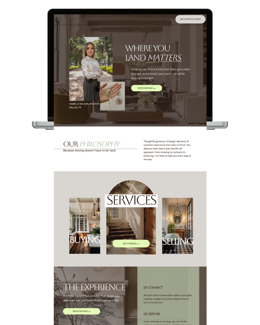 Real estate website homepage featuring a woman holding keys, with services for buying and selling homes, and a section about the company's philosophy and process.