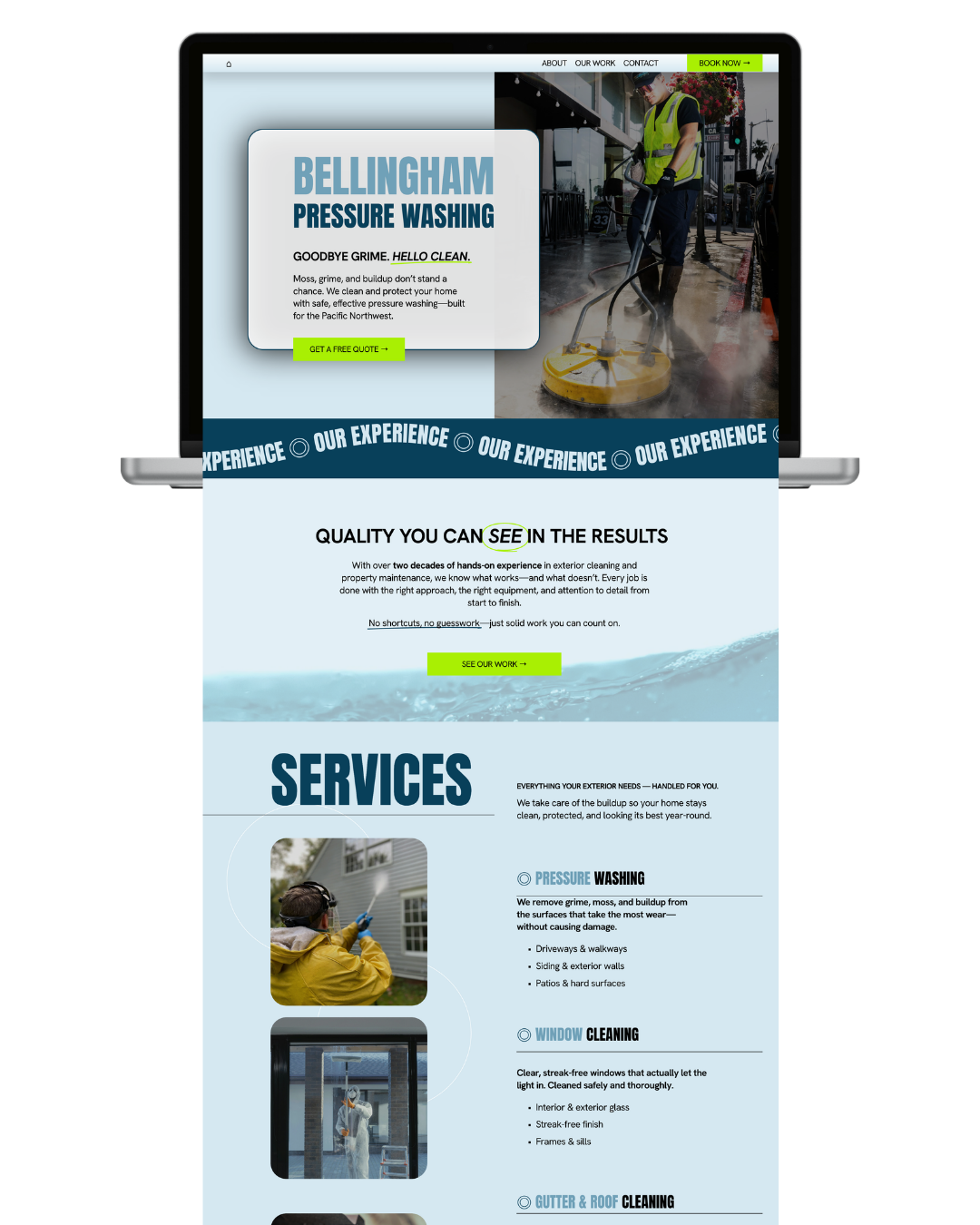 Website homepage for Bellingham Pressure Washing featuring a man pressure washing pavement and sections about services like pressure washing and window cleaning.