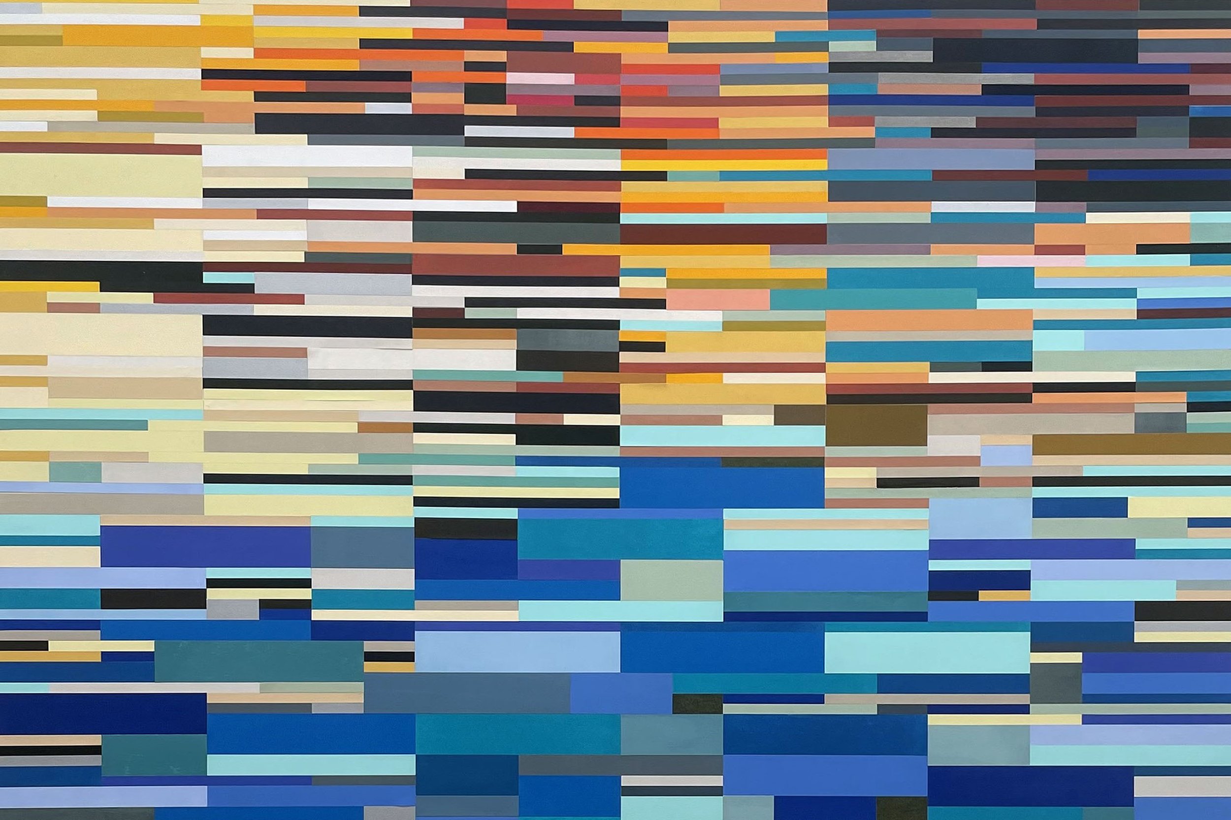 Abstract mosaic of colorful rectangular tiles in shades of blue, black, white, red, orange, pink, yellow, and green arranged in horizontal rows.