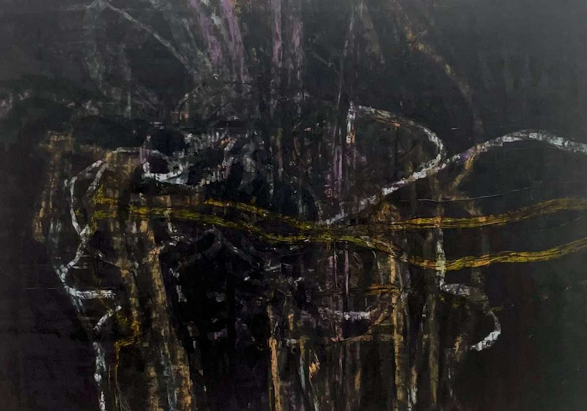An abstract painting with a dark background, featuring overlapping lines and shapes in black, white, purple, and yellow. The composition is textured and expressive.