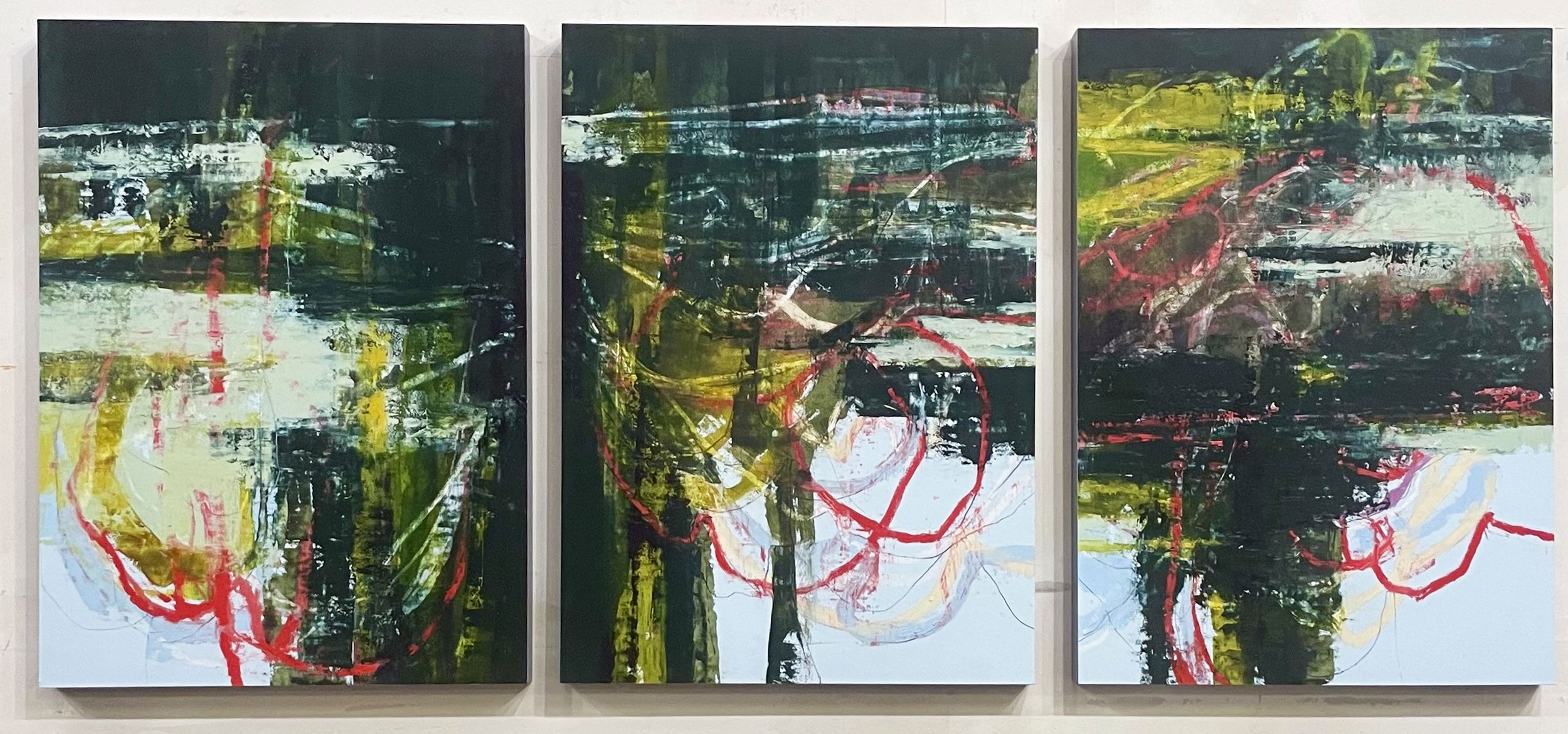 Triptych abstract painting with dark green, black, yellow, white, and red colors with layered brush strokes and swirling lines.