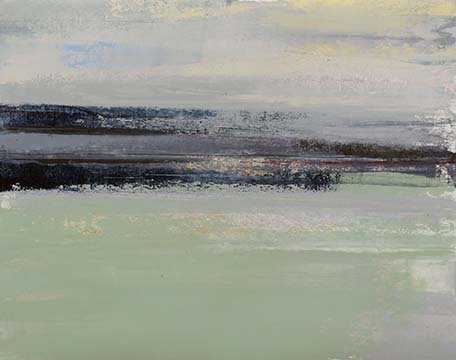 Abstract landscape painting with muted tones of blue, gray, black, and green, depicting a horizon over a body of water.