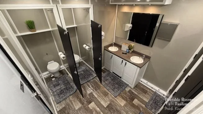 Interior of a 10-stall luxury restroom trailer available for rent in Nashville, TN
