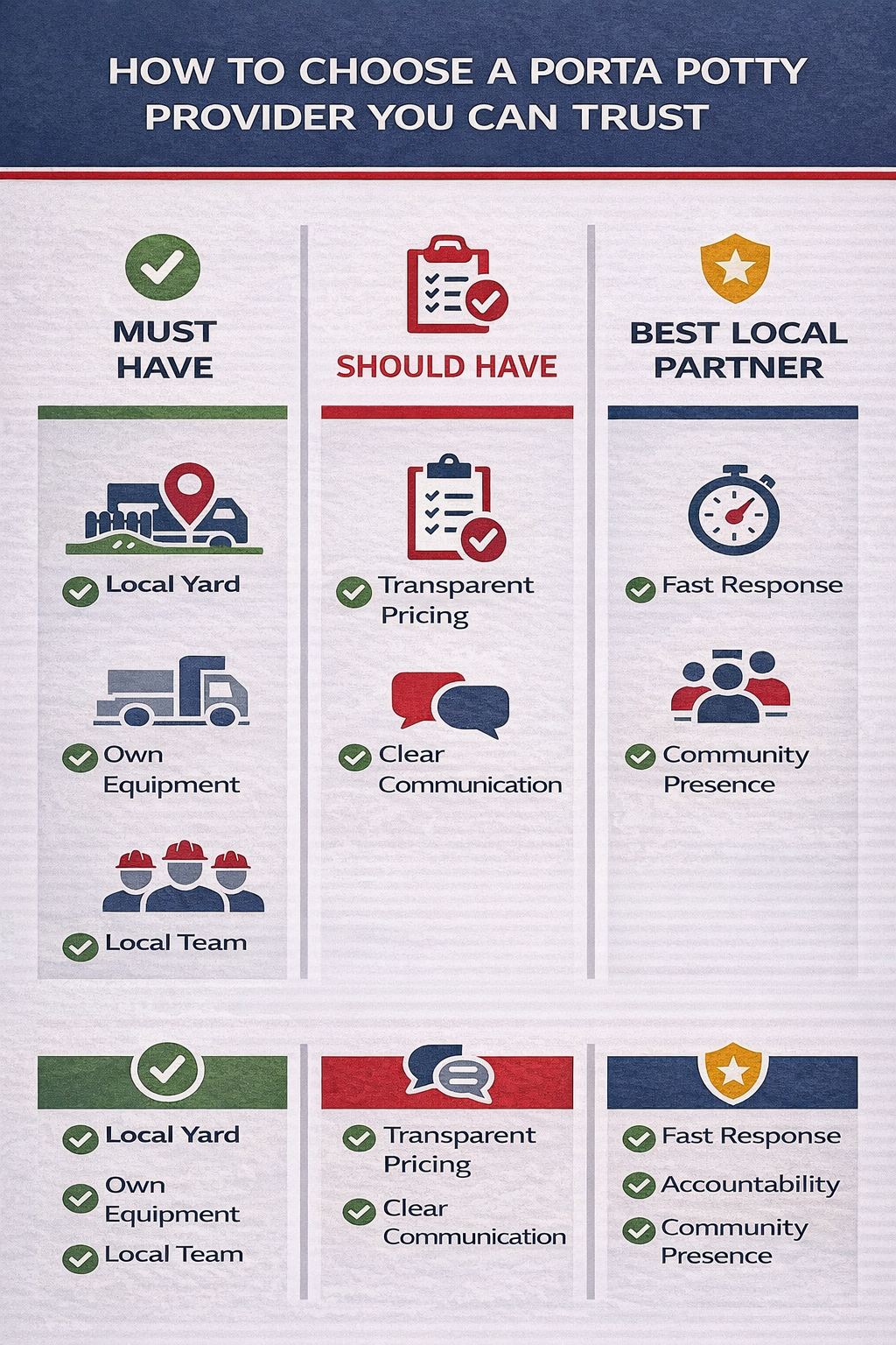 Infographic showing how to choose a porta potty rental provider, comparing must-have qualities, important factors, and traits of the best local porta potty companies.