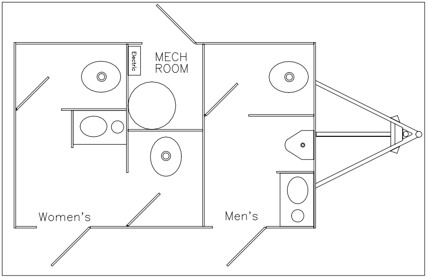 Floor plan of a 4-stall restroom trailer showing separate men's and women's restroom areas
