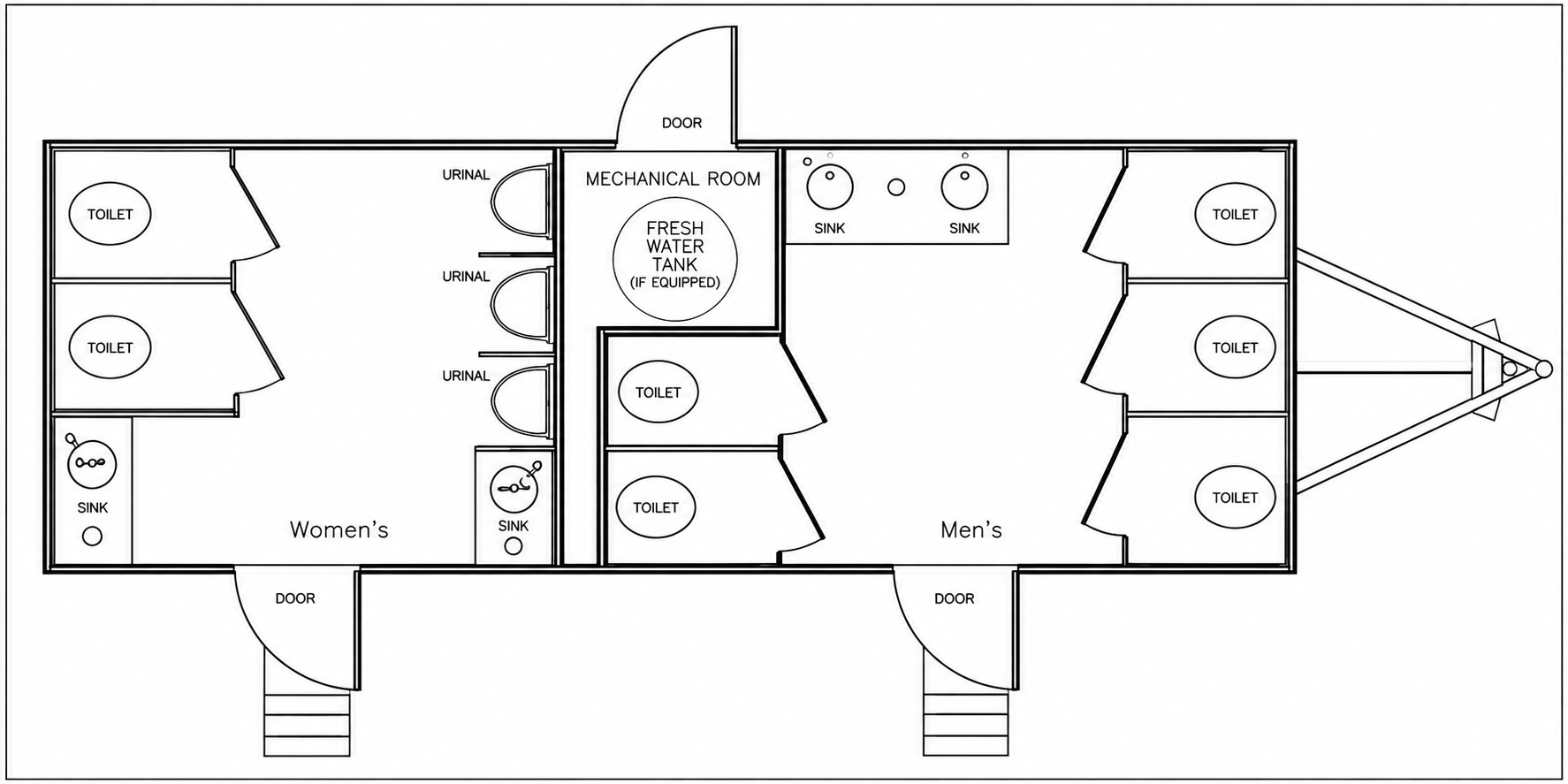 Floor plan of a 10-stall restroom trailer showing separate men's and women's restroom areas