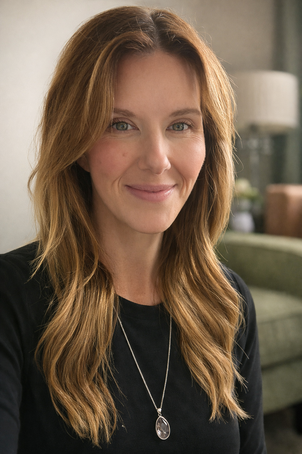 A woman with long, wavy red hair and blue eyes smiling at the camera, wearing a black top and a silver necklace, in a cozy indoor setting with a lamp and a green sofa in the background.