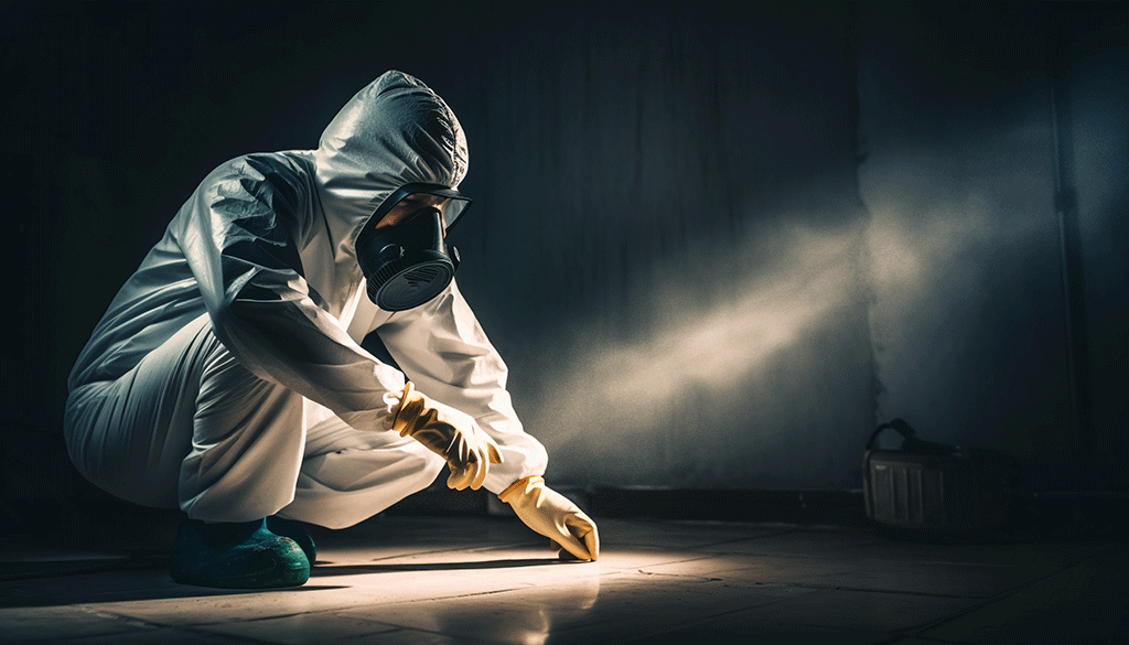 Mold remediation technician in protective suit inspecting contaminated floor during indoor mold removal