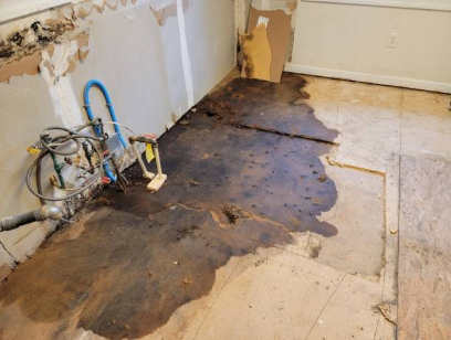 ruined subfloor from flooded wastewater