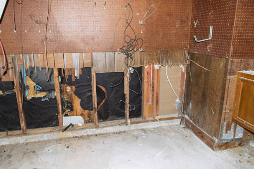 Image of garage showing water damage between walls from firefighters putting out housefire